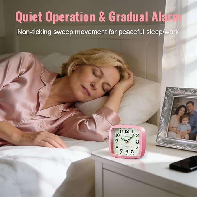 Battery Analog Travel Alarm Clock, Small Clock for Bedroom, Desk Table Shelf Clocks for Room Office Bathroom Vanity, Aesthetic Retro Clocks for Kids Girls, Pink