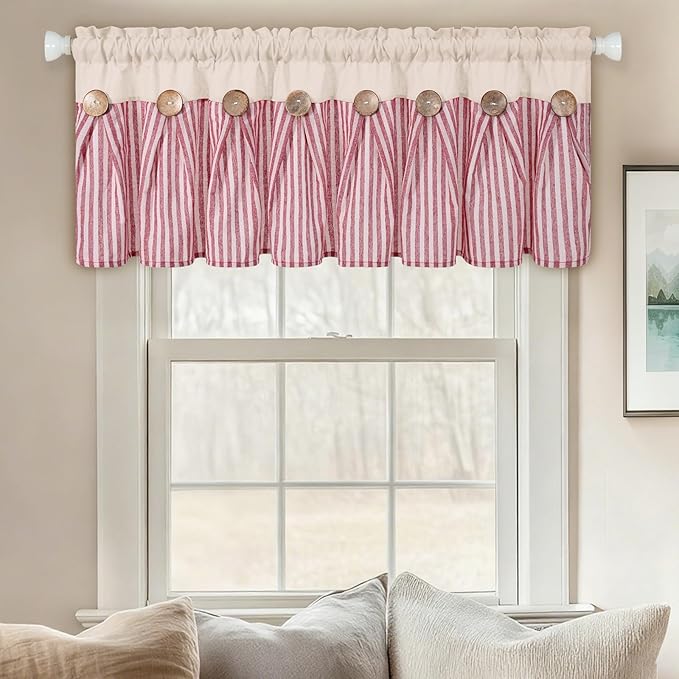 ASPMIZ Farmhouse Cotton Linen Valances for Windows, Boho Kitchen Curtains Valances with Rustic Button, Red Stripe Window Treatments Curtain Valance for Bathroom Cafe, 52 x 18 Inch, 1 Pannel