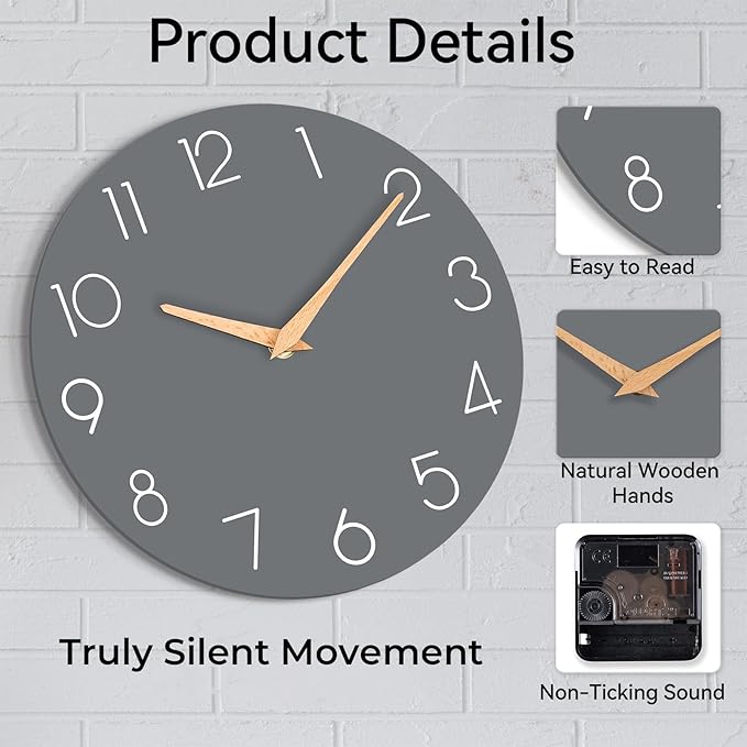 Wall Clock, 12 Inch Wooden Silent Non-Ticking, Decorative Battery Operated Wall Clocks for Bedroom, Kitchen, Home, Living Room, Office, School, Hotel (Gray)