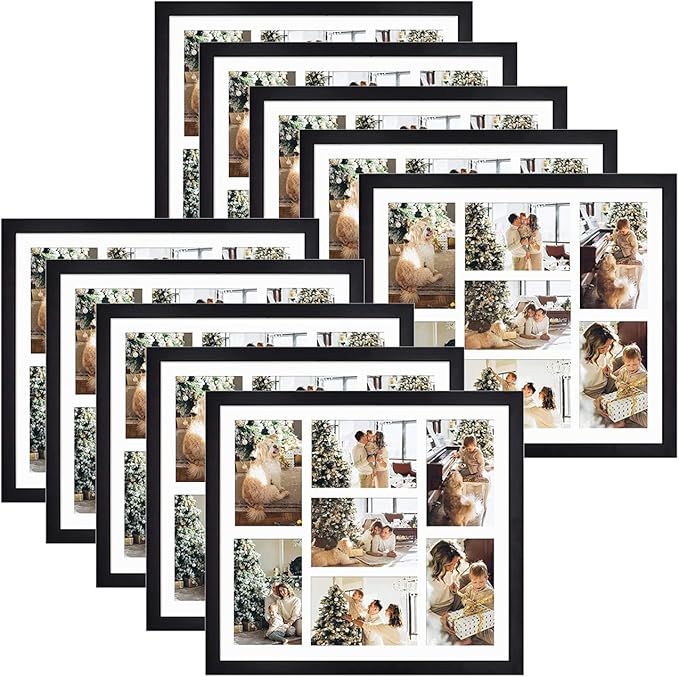 Golden State Art, Set of 10, 13.7x15.7 Matted Black Wood 7-Opening for 4 x 6 Collage Picture Frame