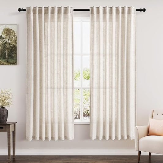 Sheer Beige Linen Back Tab Curtains 70 Inches Long 2 Panels Set Boho Light Filtering Curtain for Bedroom Living Room Neutral Window Drapes with Rod Pocket for Farmhouse Privacy Home Decor W52xL70