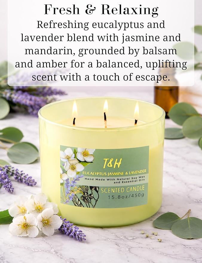 Eucalyptus Jasmine Lavender Scented Candle | 3 Wick Large Soy Candles for Home 15.8oz | Calming Spa Aromatherapy Candle | Strong Scent Long Lasting Clean Burn | Stress Relief Gift for Women & Men