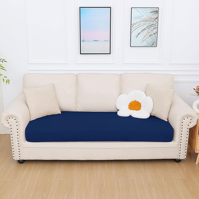 hyha Milk Silk Couch Cushion Covers, Soft Magic Sofa Covers Washable for 3 Cushion Couch, Stretch Sectional Outdoor Cushion Covers for Patio Furniture with Elastic Bottom(Large, Navy)