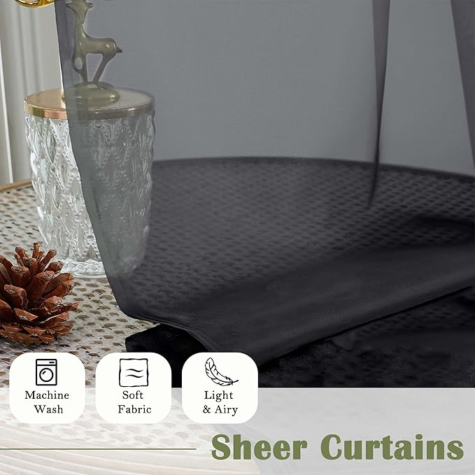 Lecloud Black Sheer Curtains 84 Inches Long 2 Panels, Balance Light & Privacy Bedroom Living Room Dining Room Window Treatments, Solid Voile Curtain Drapes with Dual Rod Pocket, 59" W x 84" L