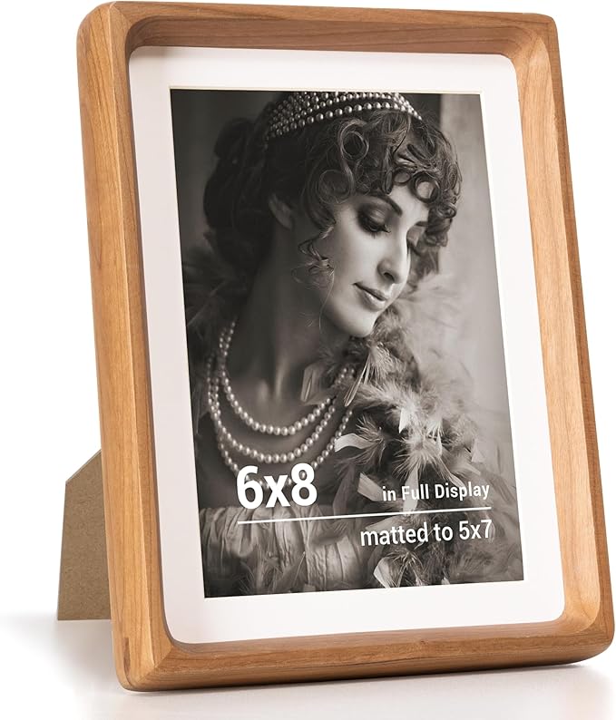 Fun Memories 6x8 Picture Frame, USA-Sourced Cherry Wood Photo Frames with HD Tempered Glass, Handcrafted Rounded Corner 6 x 8 Wooden Frames Matted to 5x7 Photos, 6x8 Frame, Tabletop or Wall Display
