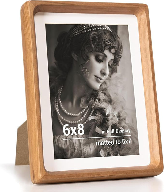 Fun Memories 6x8 Picture Frame, USA-Sourced Cherry Wood Photo Frames with HD Tempered Glass, Handcrafted Rounded Corner 6 x 8 Wooden Frames Matted to 5x7 Photos, 6x8 Frame, Tabletop or Wall Display