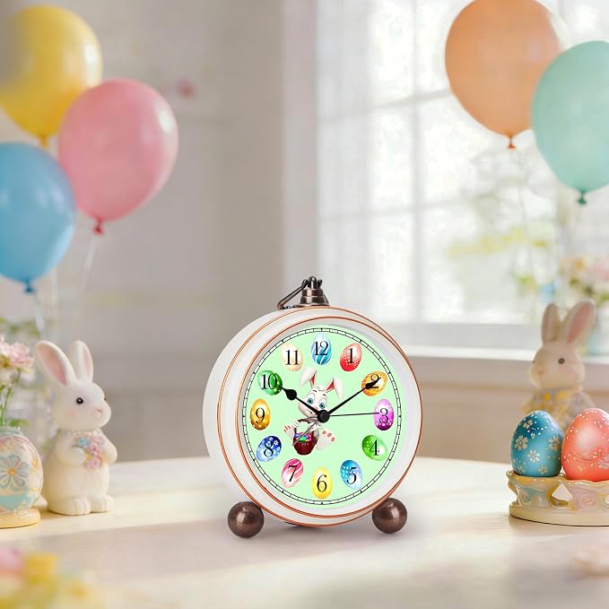 Maxspace 5.2in Cute Easter Egg Metal Table Clock, Quartz Movement Non-Ticking Small Alarm Clock with Battery Operated, HD Glass Bunny Desk Clock for Bedroom Living Room (Easter) - Image 2