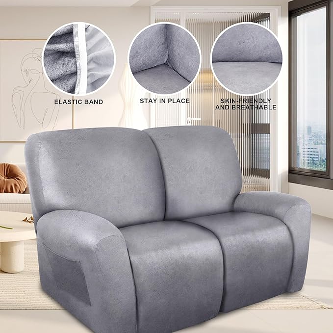 ANARACHON Loveseat Recliner Cover Leather Look Recliner Loveseat Covers Recliner Sofa Cover for 2 Seater Reclining Couch Spandex Fabric Washable 6 Pieces (2 Seater, 01 Marbling)