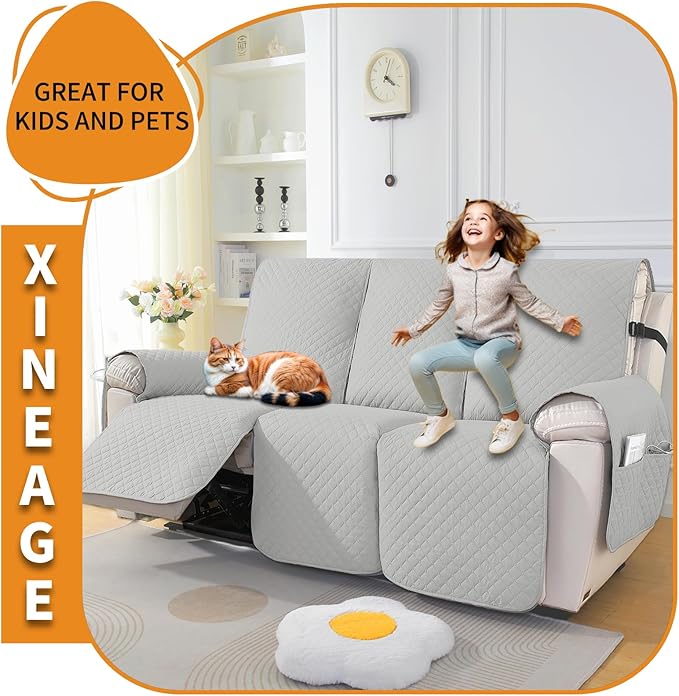 XINEAGE Water Resistant Recliner Cover, 3 seat Recliner Sofa Covers with Pockets, Quilted Thick Recliner Protector Cover for Dog Pets with Non Slip Backing and Strap (Recliner Sofa, Light Gray)