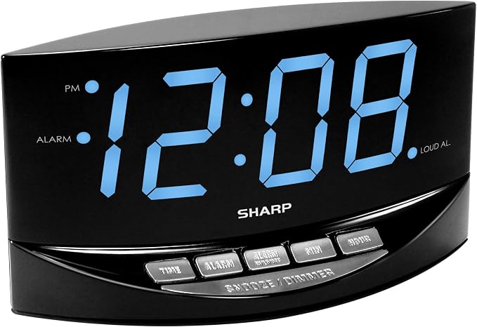 Sharp Digital Alarm Clock, 2" Jumbo Blue LED Display, High/Low Volume | 2-step dimmer, easy-set controls, snooze, battery backup, across-room viewing, bedroom, nightstand, office, seniors, elderly - Image 2