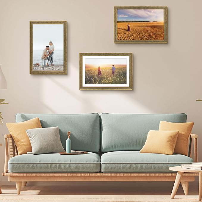 Golden State Art, 13x19 Ornate Finish Photo Frame with White Mat for 11x17 Picture & Real Glass. Color: Distressed Gold