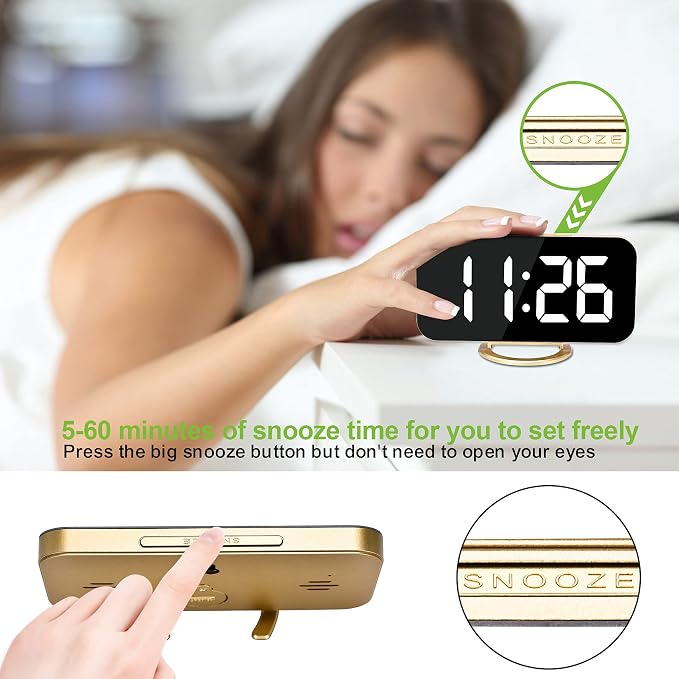 SZELAM Digital Alarm Clock,LED and Mirror Desk Clock Large Display,with Dual USB Charger Ports,3 Levels Brightness,12/24H,Modern Electronic Clock for Bedroom Home Living Room Office - Gold - Image 4