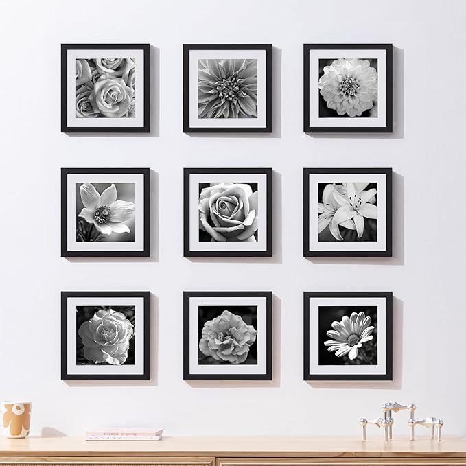 eletecpro 10x10 Picture Frames Set of 9 with Mat for 8x8 Photos or without Mat for 10x10, Square Gallery Wall Decor Collage for Picture Display, Black Frame Set for Wall Hanging