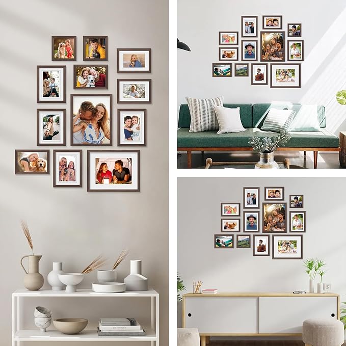 Egofine Picture Frame Set 12 Pack, Picture Frames Collage Wall Decor with Two 8x10, Four 5x7, Four 4x6, Two 4x4 for Wall and Tabletop, Made of Solid Wood, Covered by Plexiglass, Rustic Brown