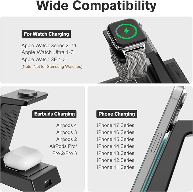 ANJANK 4 in 1 Wireless Charging Station Alarm Clock, Charging Dock for Apple Devices, Charger Stand for iPhone 17 Air 16 15 14 13 12 Series for Apple Watch 11 10 9 8 7 6 5 UItra/SE & AirPods, Dimmable - Image 4