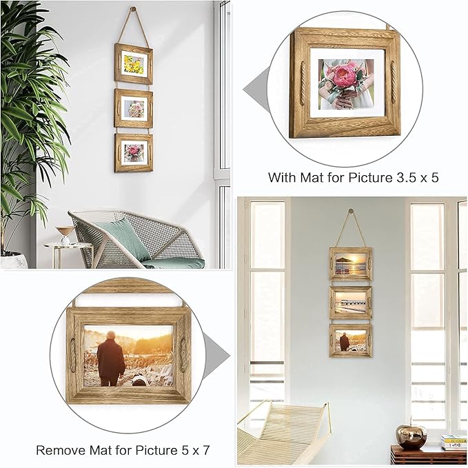 DLQuarts 5x7 Hanging Picture Frames Collage Wall Decor, 3-Opening Photo Frames 5x7 without Mat & 3.5x5 with Mat, Rustic Wood, Carbonized Black