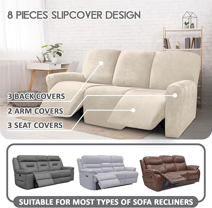 ULTICOR Velvet 8-Pieces Recliner Sofa Covers Stretch Reclining Couch Covers for 3 Cushion Reclining Sofa Slipcovers Furniture Covers Thick Soft Washable (3 Seater Recliner Cover, White)