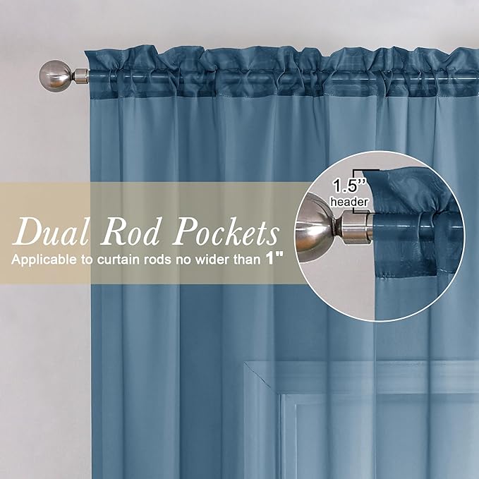 Lecloud Dusty Blue Sheer Curtains 96 Inches Long 2 Panels, Light Filtering Breathable Curtain, Gauzy Stylish Home Decor Drapes with Dual Rod Pocket for Dining Room Bedroom, Each 42" W x 96" L