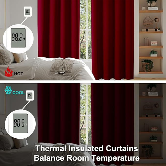 Simplebrand Ava Red Blackout Curtains for Bedroom 90 Inches Long 2 Panels Set, Solid Privacy Energy Saving Living Room Window Treatment Curtains Blackout Drapes, W50 x L90 Inch, Red