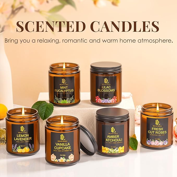 6 Pack Candles for Home Scented, Candles Gifts for Women Men, 42oz Soy Candle Set, Scents of Roses/Lemon Lavender/Vanilla Cupcake/Amber Patchouli/Lilac Blossoms/Mint Eucalyptus