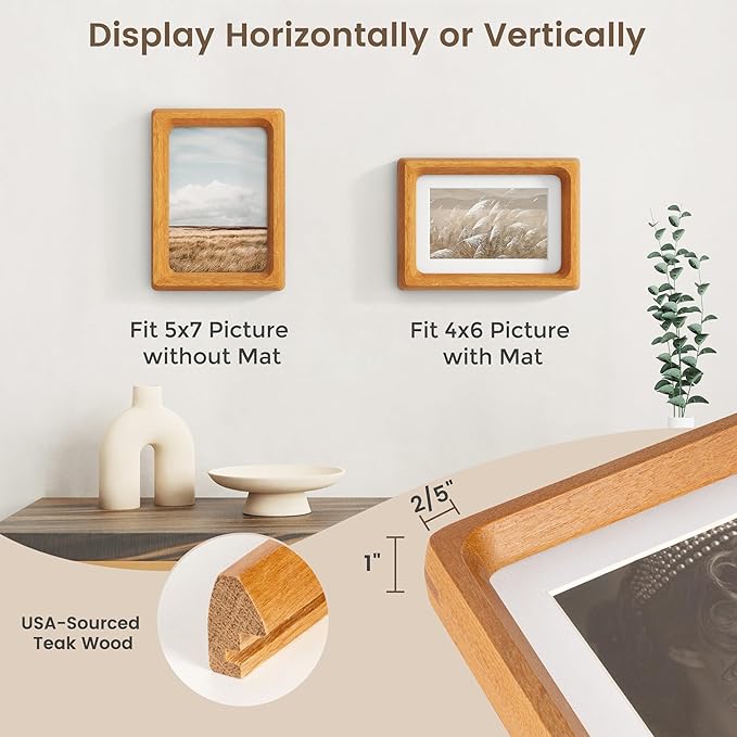 Fun Memories 5x7 Picture Frame, USA-Sourced Teak Wood Photo Frames with HD Tempered Glass, Handcrafted Rounded Corner 5 x 7 Wooden Frames Matted to 4x6 Photos, 5x7 Frame, Tabletop or Wall Display
