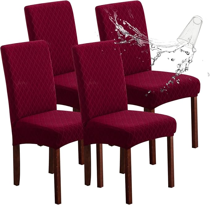 Genina Waterproof Chair Covers for Dining Room, Stretch Jacquard Dining Chair Slipcovers Removable Washable Chair Protector for Kitchen, Hotel, Restaurant (Argyle-Wine Red, 4 PCS)