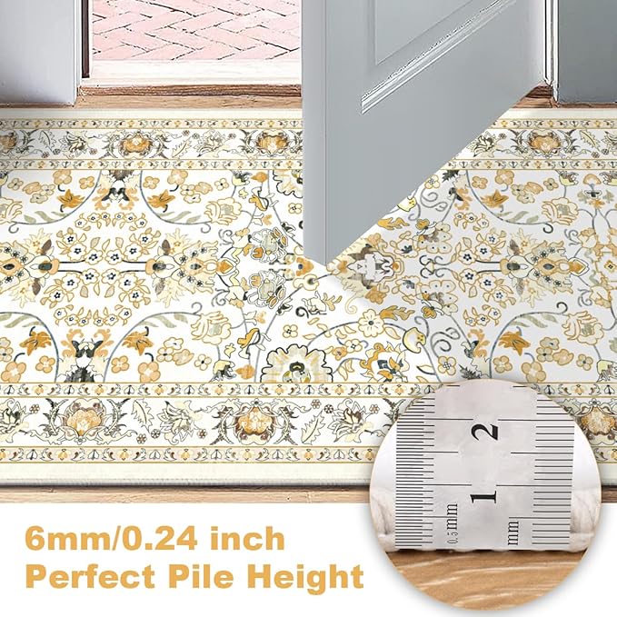 LOKHOM Washable Runner Rug, 2x8 Non-Slip Vintage Hallway Runner Rug with Rubber Backing, Boho Floral Soft Faux Wool Kitchen Rug Carpet Runner for Laundry Entryway Bedroom (Rice Orange)