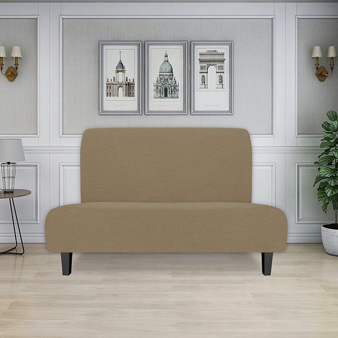 Easy-Going Stretch Futon Slipcover Armless Futon Bed Cover Furniture Protector Without Armrests with Elastic Bottom for Kids, Soft Jacquard Fabric Small Checks (Medium, Tan)