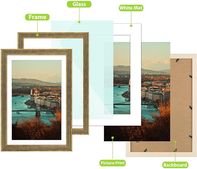 Golden State Art, 13x19 Ornate Finish Photo Frame with White Mat for 11x17 Picture & Real Glass. Color: Distressed Gold