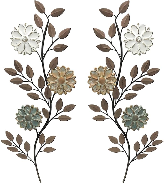 MorningRo 2 Pcs Metal Flower Leaves Wall Art Spring Wall Decor Living Room, 15.75 Inch Vintage Rustic Branch Leaf Wrought Iron Scroll Art Decor for Spring Bedroom Indoor Outdoor Decorations(Brown)