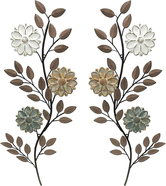 MorningRo 2 Pcs Metal Flower Leaves Wall Art Spring Wall Decor Living Room, 15.75 Inch Vintage Rustic Branch Leaf Wrought Iron Scroll Art Decor for Spring Bedroom Indoor Outdoor Decorations(Brown)