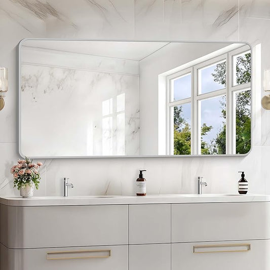 30x60 Inch Silver Bathroom Mirror, Large Rectangular Vanity Mirror, Metal Framed Rectangle Mirror, Rounded Corner Wall Mounted Mirrors for Living Room Bedroom Entryway Horizontal or Vertical
