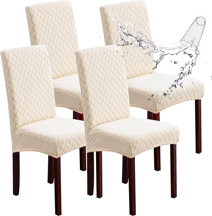 Genina 100% Waterproof Chair Covers for Dining Room Set of 4, Large Dining Room Chair Covers Protectors Stretch Kitchen Parson Chair Slipcovers for Home, Restaurant (Large, Argyle-Beige)