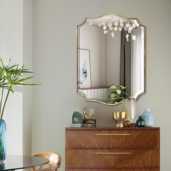 POZINO Scalloped Beveled Mirror, 22"x30" Modern Bathroom Vanity Mirrors for Over Sink, Brushed Gold Rectangle Wavy Mirror for Living Room Bedroom Entryway Fireplace, Hangs Vertically or Horizontally