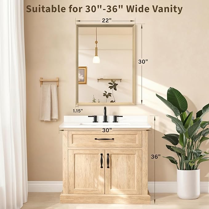 Oak Wood Effect Framed Wall Mirror, 22x30 Rectangle Mirror, Anti-desilvering Tempered Glass, Sustainable& Sturdy Frame, Farmhouse Mirror, Anti-Rust, 3min Fast Setup for Bathroom Living Room