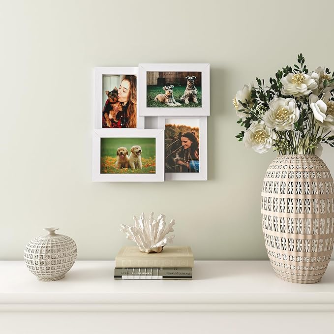 Egofine 4x6 Family Picture Frame Collage, for 4x6 pictures Covered by Plexiglass for Wall Hanging and Tabletop, 4-opening Dimensional Picture Frame for Home Deor, White