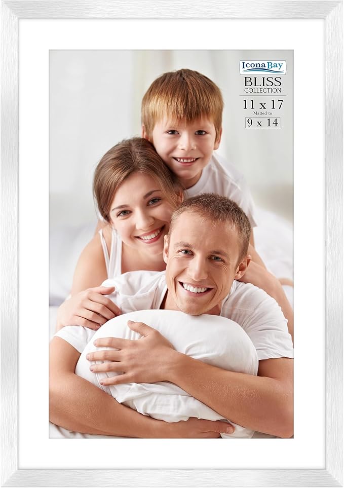 Icona Bay - 11x17 Silver Picture Frame with Removable Mat to 9x14 Photo - Modern Style Engineered Wood Poster Frame - Wall Mount Only - Bliss Collection