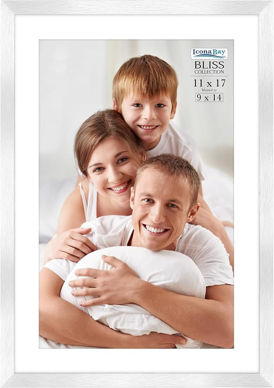 Icona Bay - 11x17 Silver Picture Frame with Removable Mat to 9x14 Photo - Modern Style Engineered Wood Poster Frame - Wall Mount Only - Bliss Collection