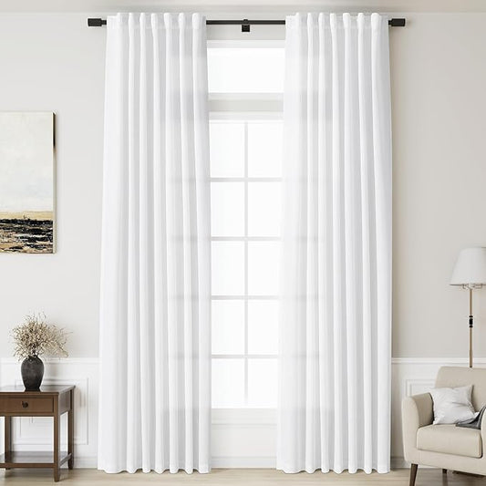 Nanspring White Extra Long Curtain 130 inches Long 2 Panels Set for Living Room Back Tab Modern Farmhouse Coastal Decor Cotton Textured White Sheer Linen Curtains for High Window 52x130