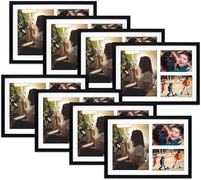 Golden State Art, Set of 8, 12x17 Black Wood Picture Frame - White Mat for 8x10 And 5x7 Photos - Tempered Glass, Sawtooth Hanger, Swivel Tabs - Wall Mounting - Great for Gift