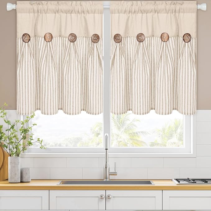 ASPMIZ Linen Kitchen Curtains 24 Inch Length, Farmhouse Boho Button Kitchen Window Curtain Over Sink, Khaki Striped Short Curtains for Small Windows, Bathroom, Rod Pocket Window Treatment Tiers