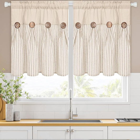 ASPMIZ Linen Kitchen Curtains 24 Inch Length, Farmhouse Boho Button Kitchen Window Curtain Over Sink, Khaki Striped Short Curtains for Small Windows, Bathroom, Rod Pocket Window Treatment Tiers