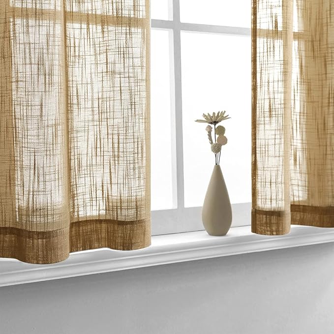 XTMYI Small Burlap Curtains for Kitchen Windows Primitive Linen Look Short Curtain Valances for Small Window Coverings Door Bedroom Sink Above and Under Area Coffee Colored Brown 24 Inch Length