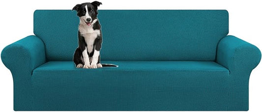 KEKUOU Stretch Oversized Sofa Slipcover 1 Piece Couch Sofa Cover (94"-110") Furniture Protector 4 Seater Sofa with Elastic Bottom for Kids,Pet.Jacquard Checked Pattern Fabric(X Large,Peacock Blue)