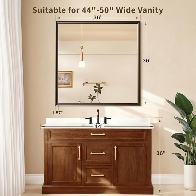 Retro Copper Effect Framed Wall Mirror, 36x36 Rectangle Mirror, Anti-desilvering Tempered Glass, Sustainable& Sturdy Frame, Farmhouse Mirror, Anti-Rust, 3min Fast Setup for Bathroom Living Room
