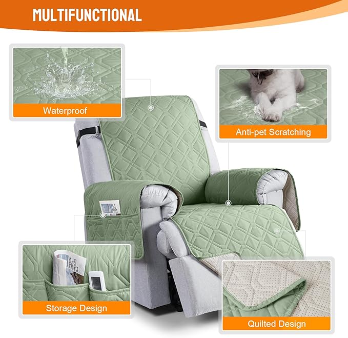 VANSOFY 100% Waterproof Recliner Chair Covers, Recliner Cover Non-Slip Dog Chair Cover Furniture Protector Washable Slipcover with Pocket, Elastic Straps for Pets, Dogs(Light Green, 20")
