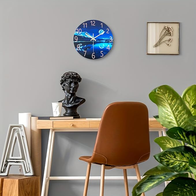 Blue Wall Clocks for Living Room 14 Inch Analog Wall Clock Battery Operated Moon Clock for Kitchen