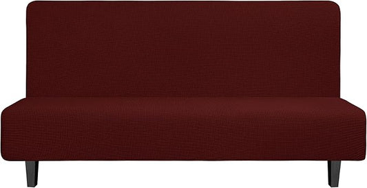 Easy-Going Stretch Futon Slipcover Armless Sofa Cover Furniture Protector Without Armrests Slipcover Soft with Elastic Bottom for Kids, Spandex Jacquard Fabric Small Checks(futon,Wine)