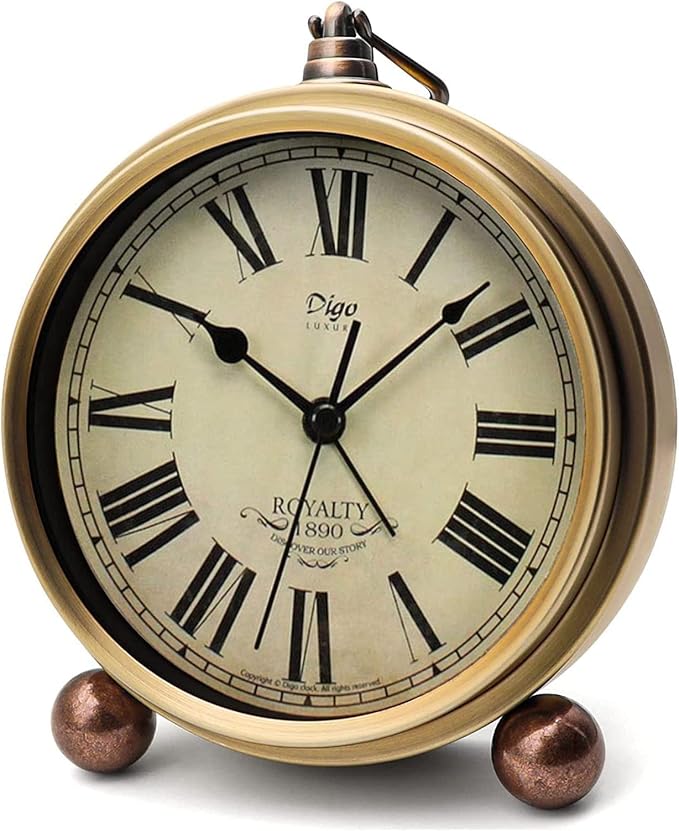 Maxspace Metal Golden Table Clock, Retro Vintage Non-Ticking Small Alarm Clock,Battery Operated Silent Quartz Movement HD Glass Desk Clock for Bedroom Living Room Indoor Decoration Kids?€? (Roman2)