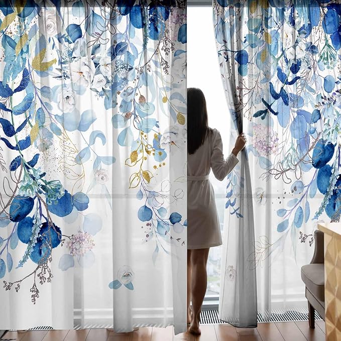 Blue Eucalyptus Curtains for Living Room 84" Length Watercolor Leaf Plant Spring Summer Blue and White Semi-Sheer Curtains for Bedroom Kitchen Windows,Botanical Nature Light Blue Gold Curtain, 2 Pack